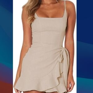 GB Gianni Bini (Size L) Tan Ruffle Hem Wrap Skirt Spaghetti Strap Mini Dress